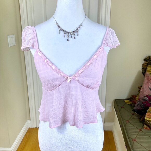 Beverly & Beck Top Cropped V-Neck Lace Flutter Cap Sleeves Peplum Pink (M) - Picture 1 of 6